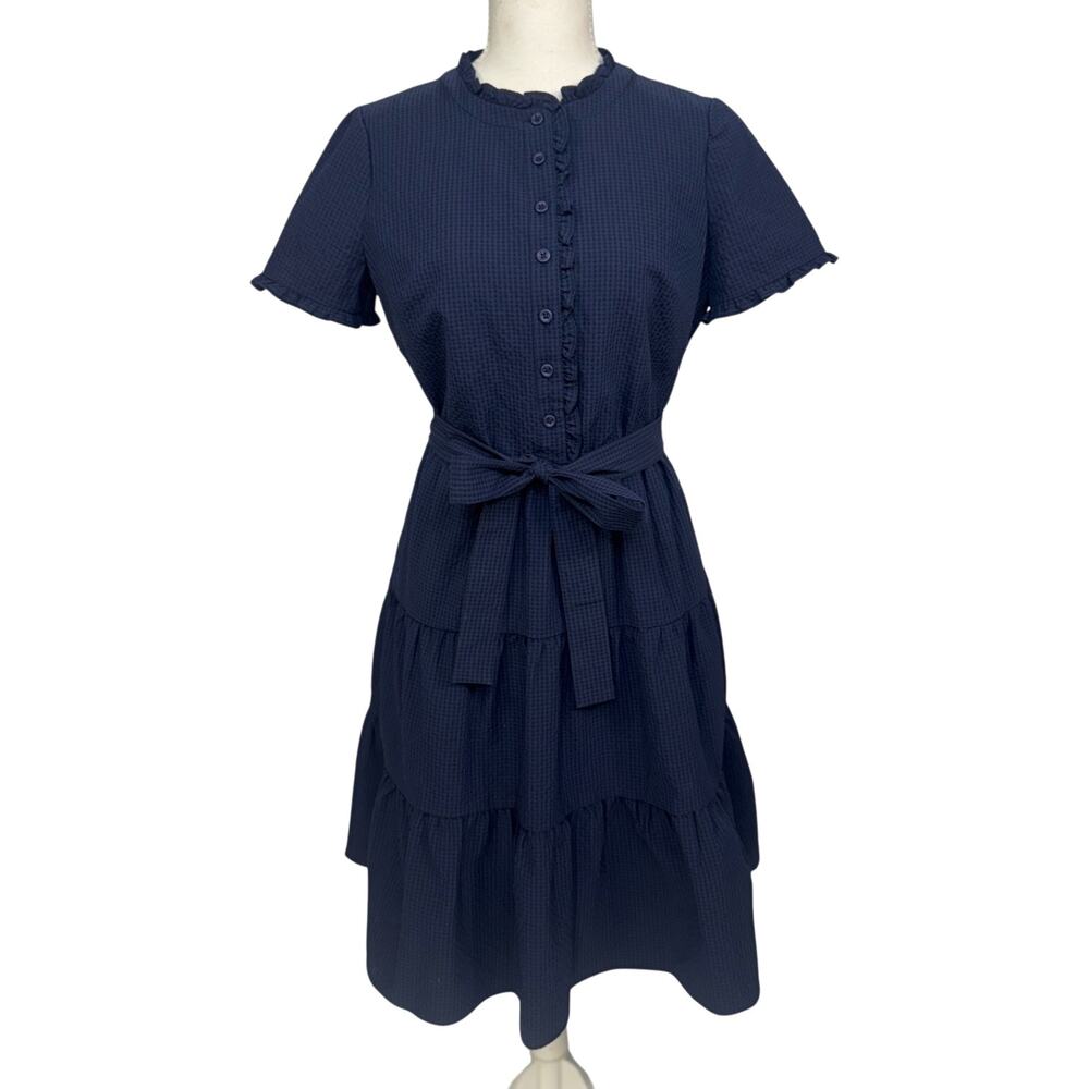 Gal Meets Glam Maisie Navy Blue Seersucker Ruffle Tiered Dress Sz 4 Cottagecore - Picture 2 of 16